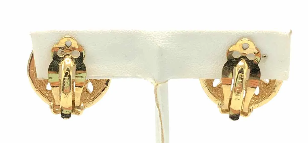 CINER Ivory Goldtone Enamel Crystal Circle Clip Ons