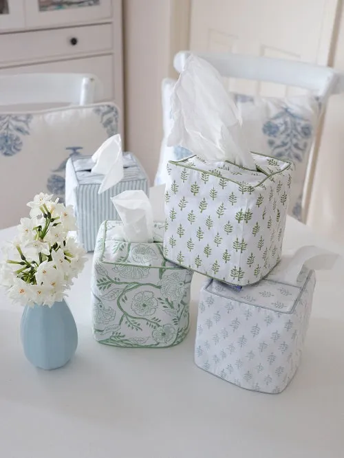 Fabric tissue box cover Floral Green