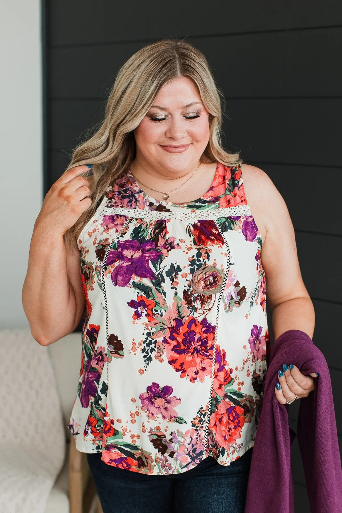 Feel The Rain Floral Crochet Tank- Cream & Plum