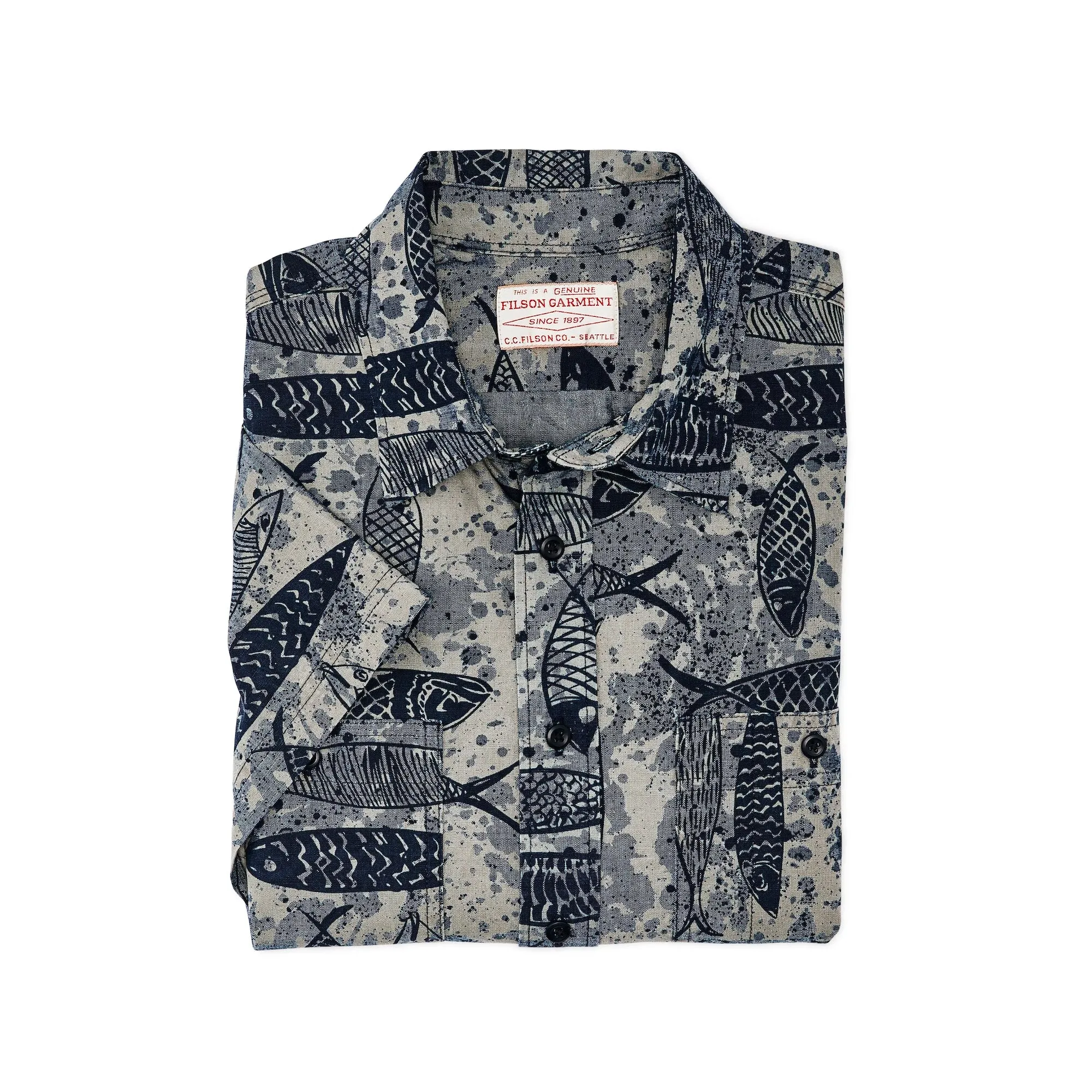 Filson Blue Ink Fish Print Short Sleeve Chambray Shirt