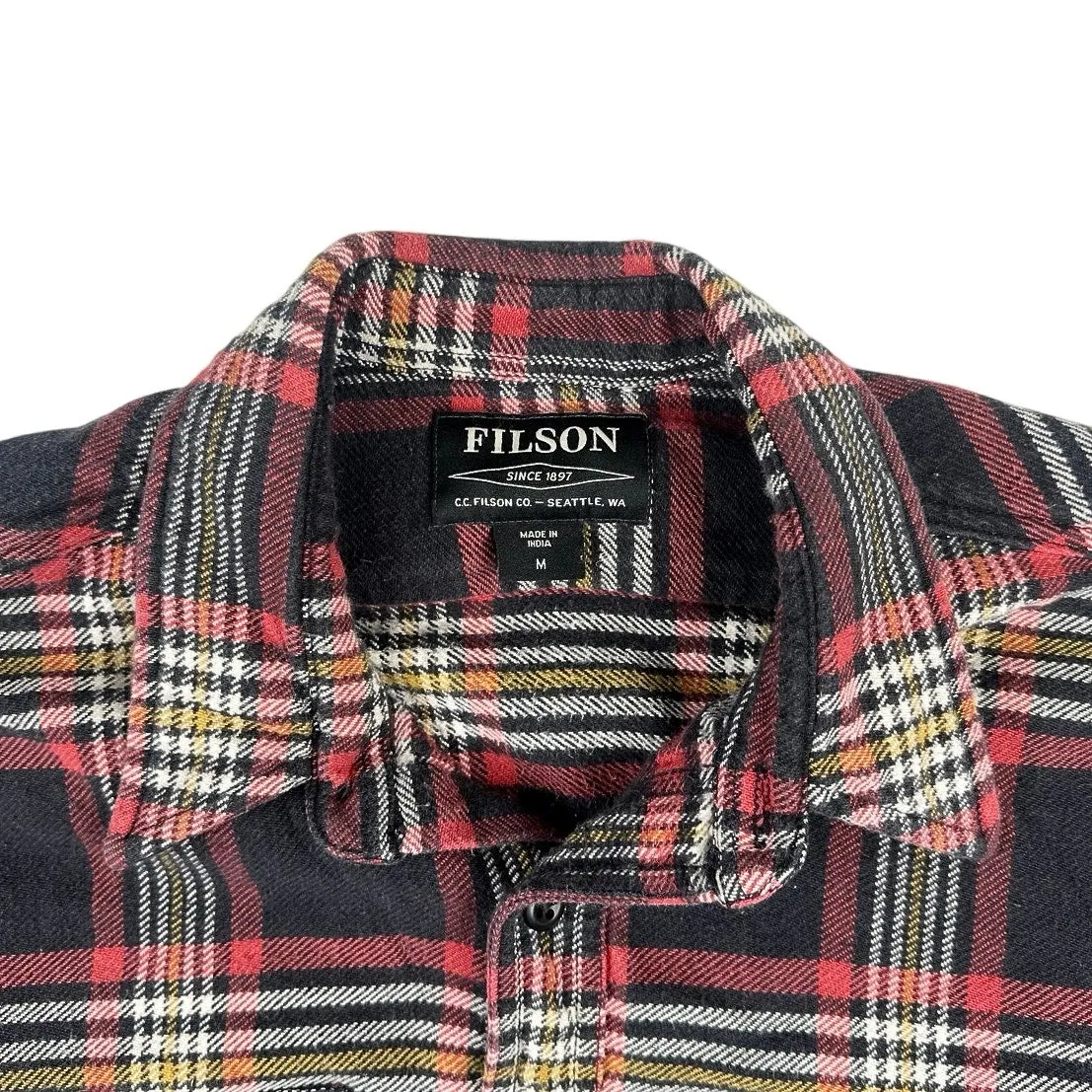 Filson Mens Black Vintage Plaid Checkered Flannel Button Down Jacket Shirt Top M