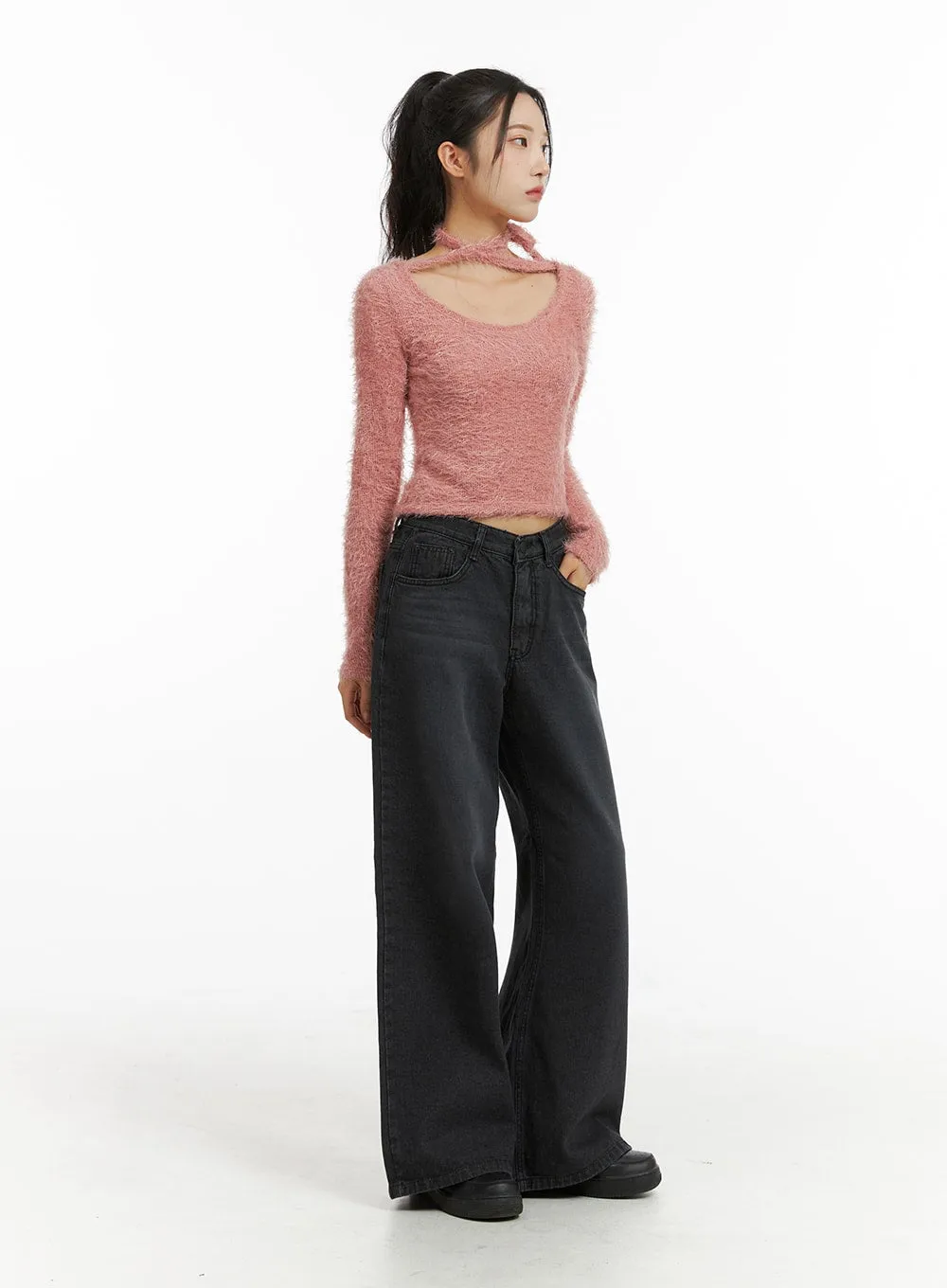 Fuzzy Soft Halter String Solid Knitted Long Sleeve Top CJ409