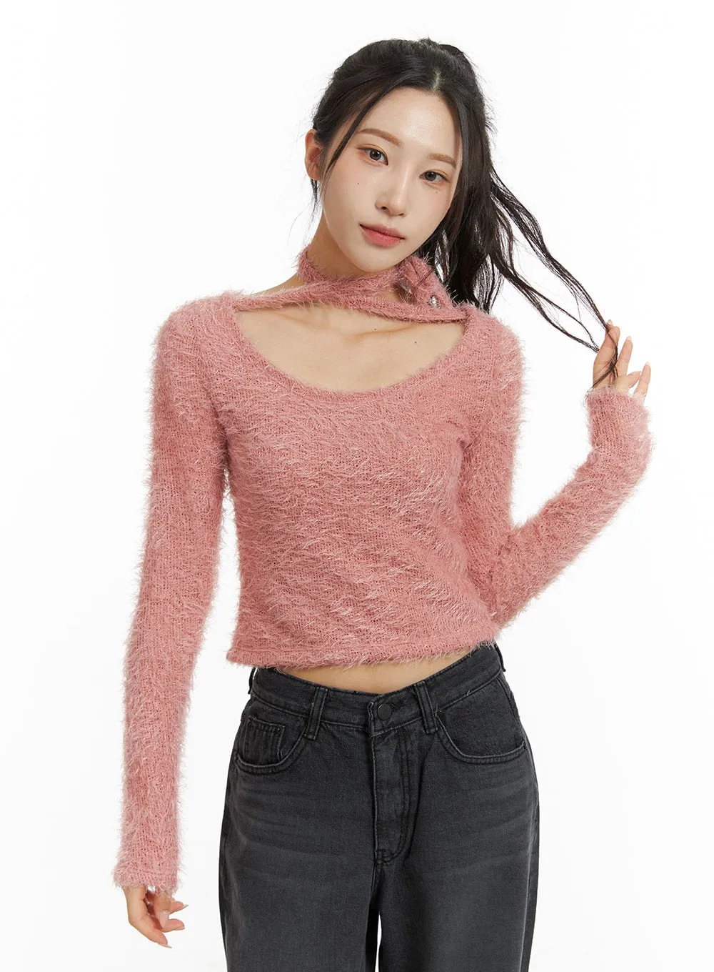 Fuzzy Soft Halter String Solid Knitted Long Sleeve Top CJ409