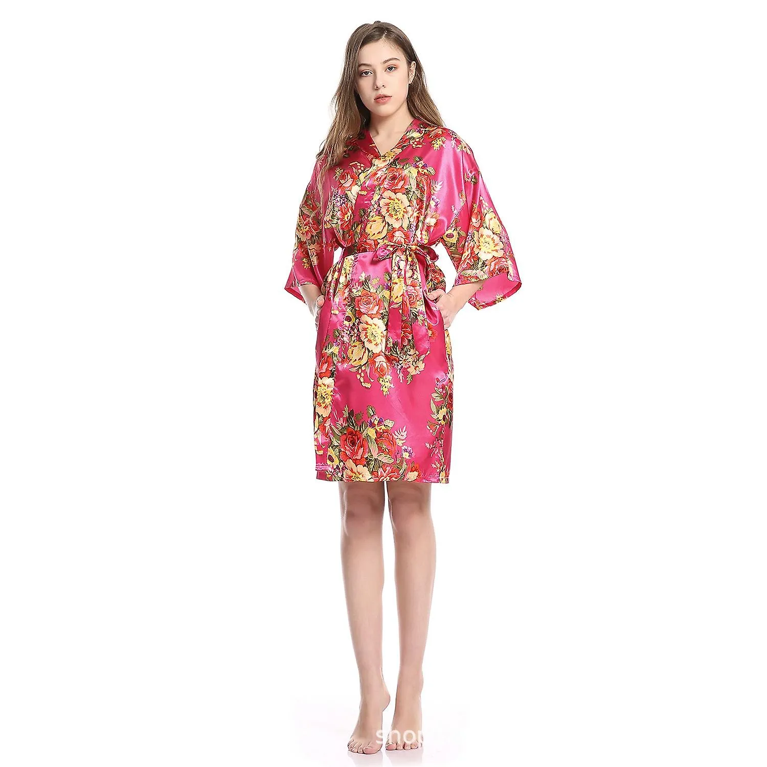 Ins Flower Pajamas Imitation Silk Fabric Home Clothes Sexy Bathrobe Printed Logo Pajamas Bridal Morning Gown