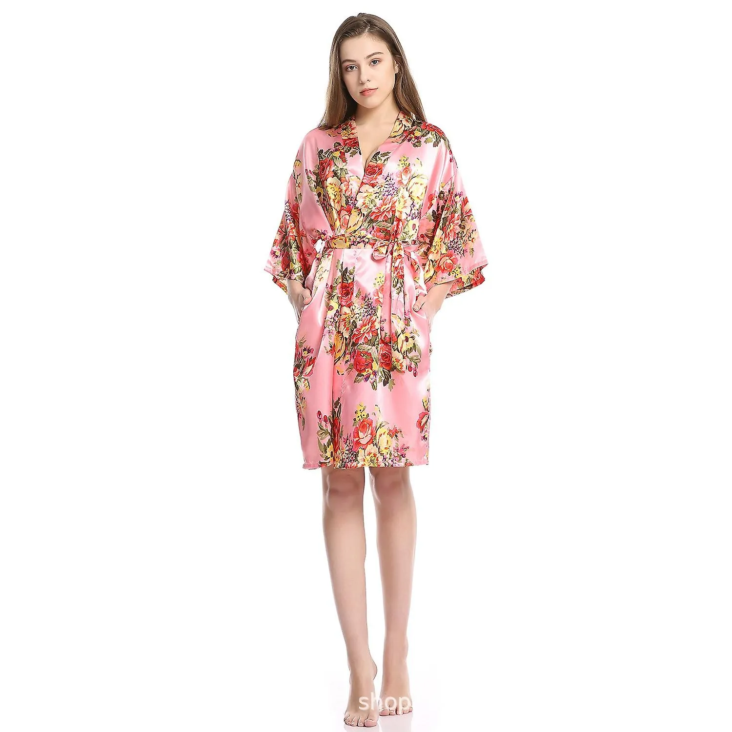 Ins Flower Pajamas Imitation Silk Fabric Home Clothes Sexy Bathrobe Printed Logo Pajamas Bridal Morning Gown