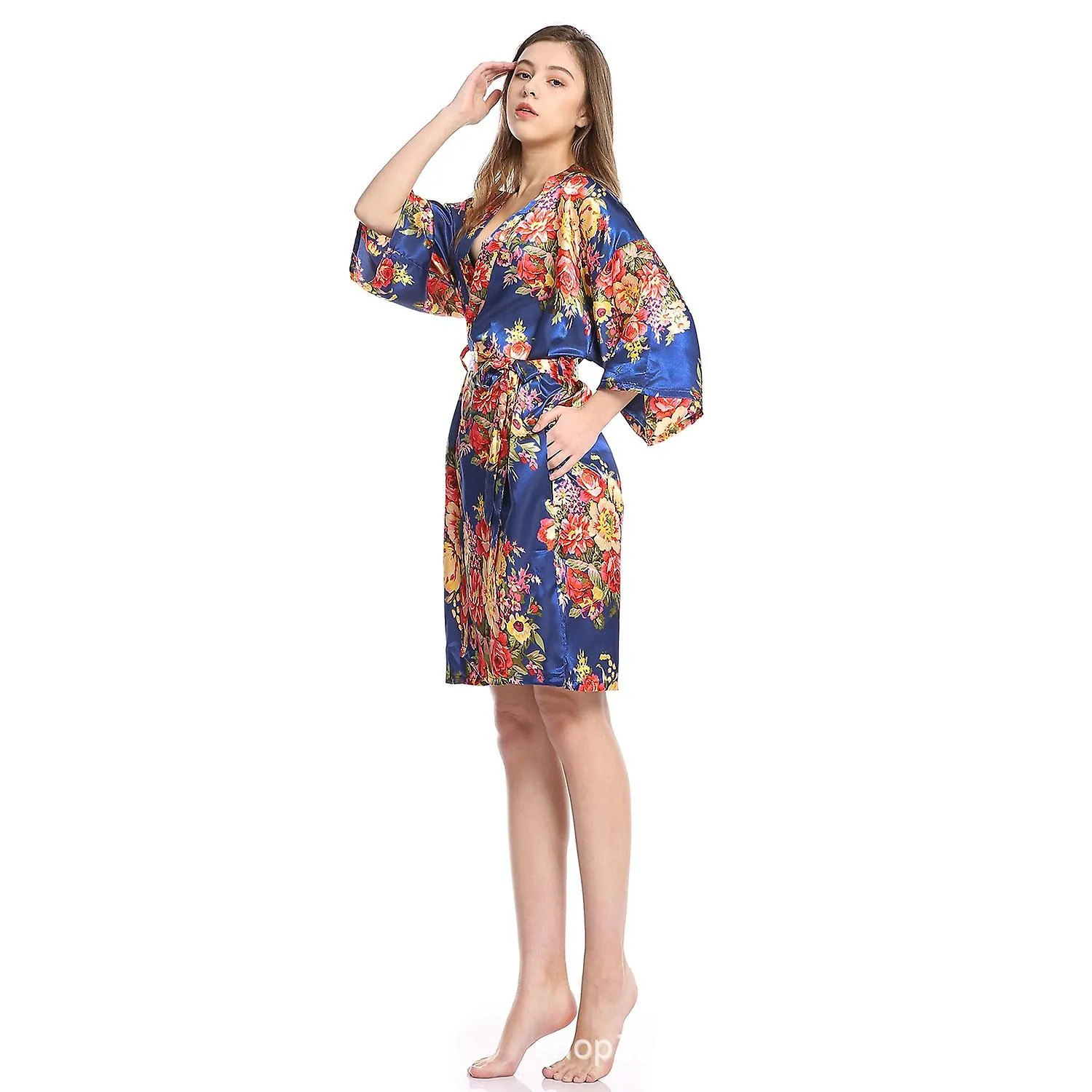 Ins Flower Pajamas Imitation Silk Fabric Home Clothes Sexy Bathrobe Printed Logo Pajamas Bridal Morning Gown