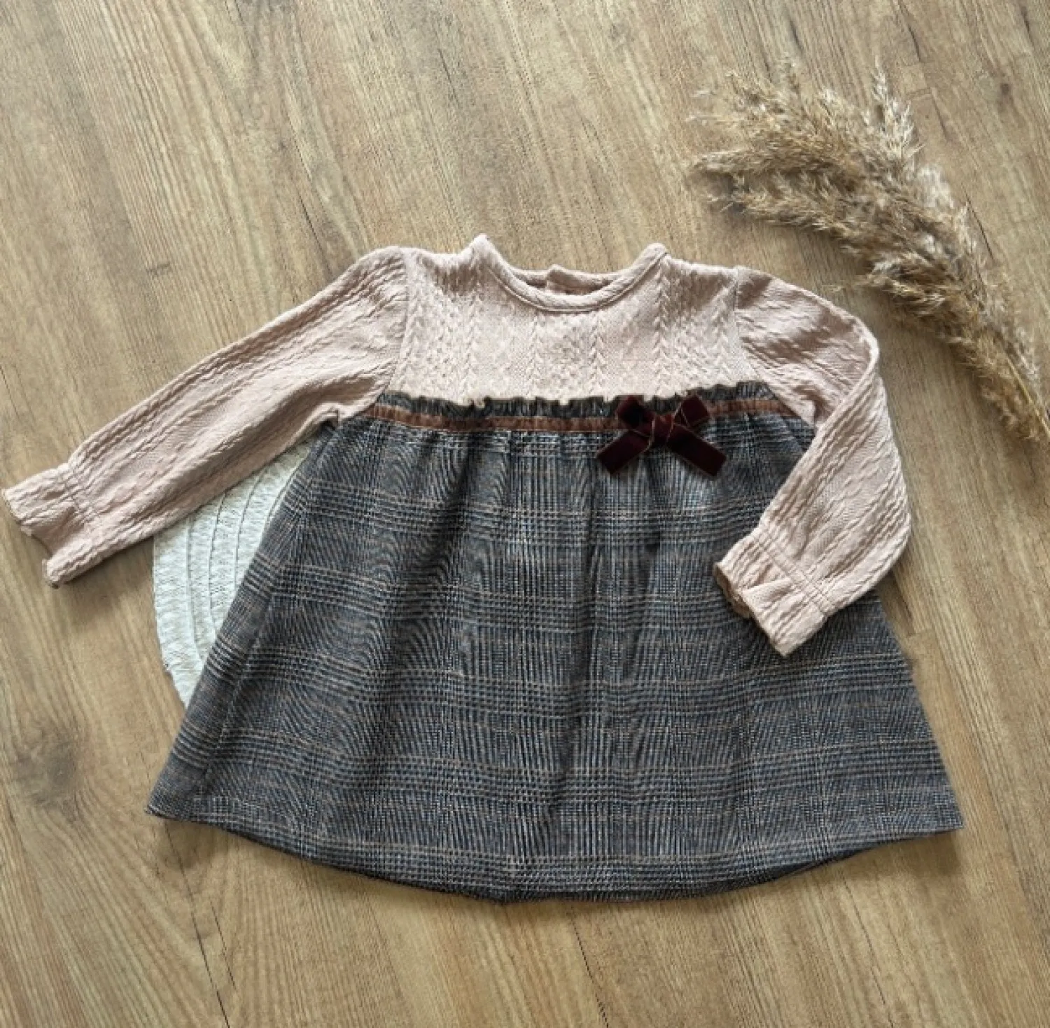 Knit and fabric dress in tan tones