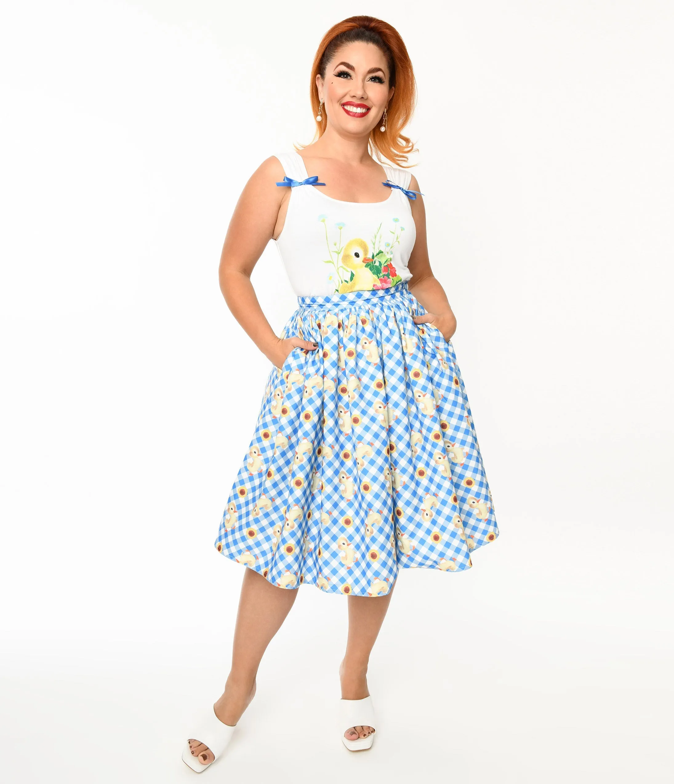 Little Golden Books x Unique Vintage Blue & White Gingham Fuzzy Duckling Gellar Swing Skirt