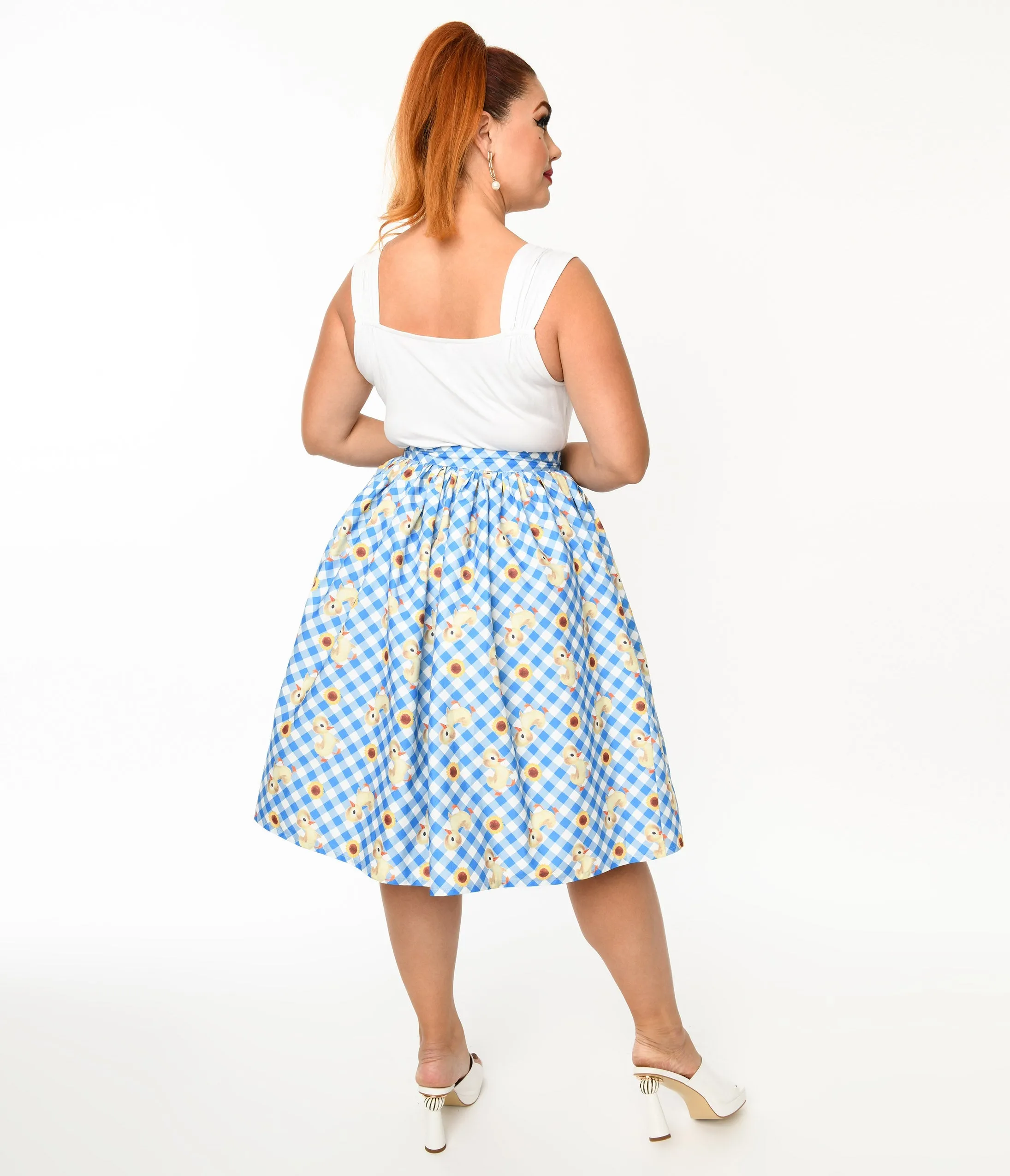 Little Golden Books x Unique Vintage Blue & White Gingham Fuzzy Duckling Gellar Swing Skirt