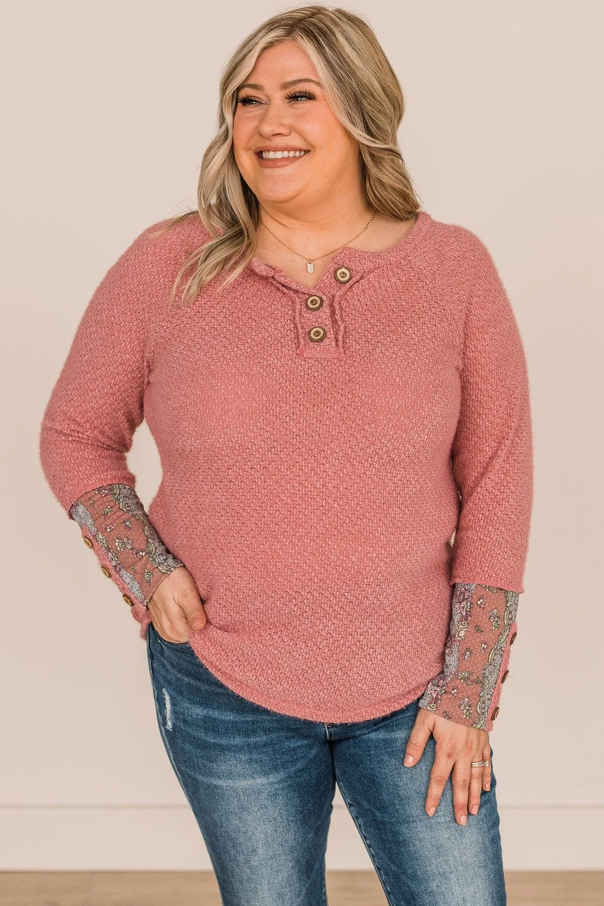 Loving Feelings Button Knit Top- Dusty Rose