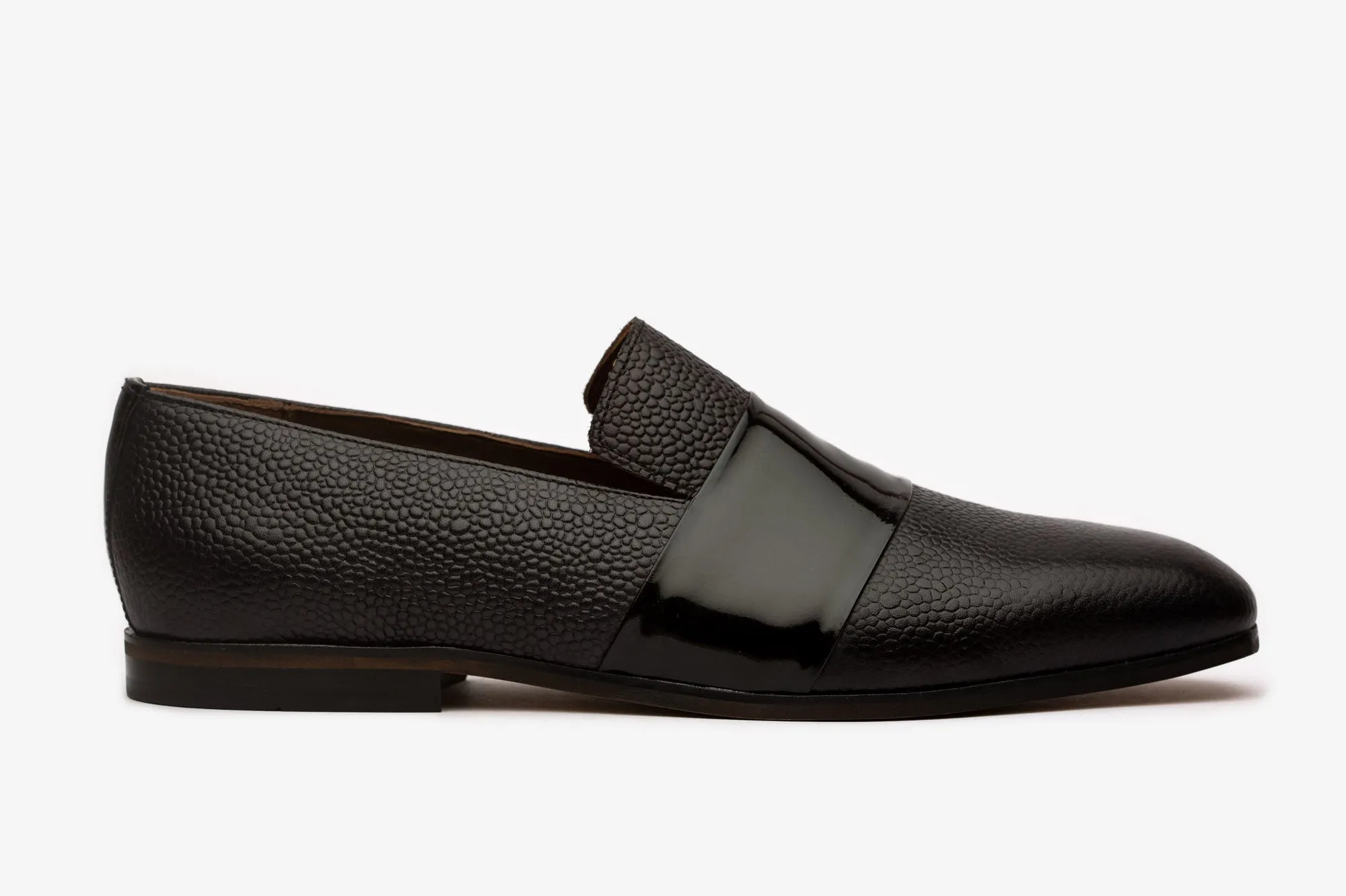 Pebble Grain Loafer With Patent Full Saddle