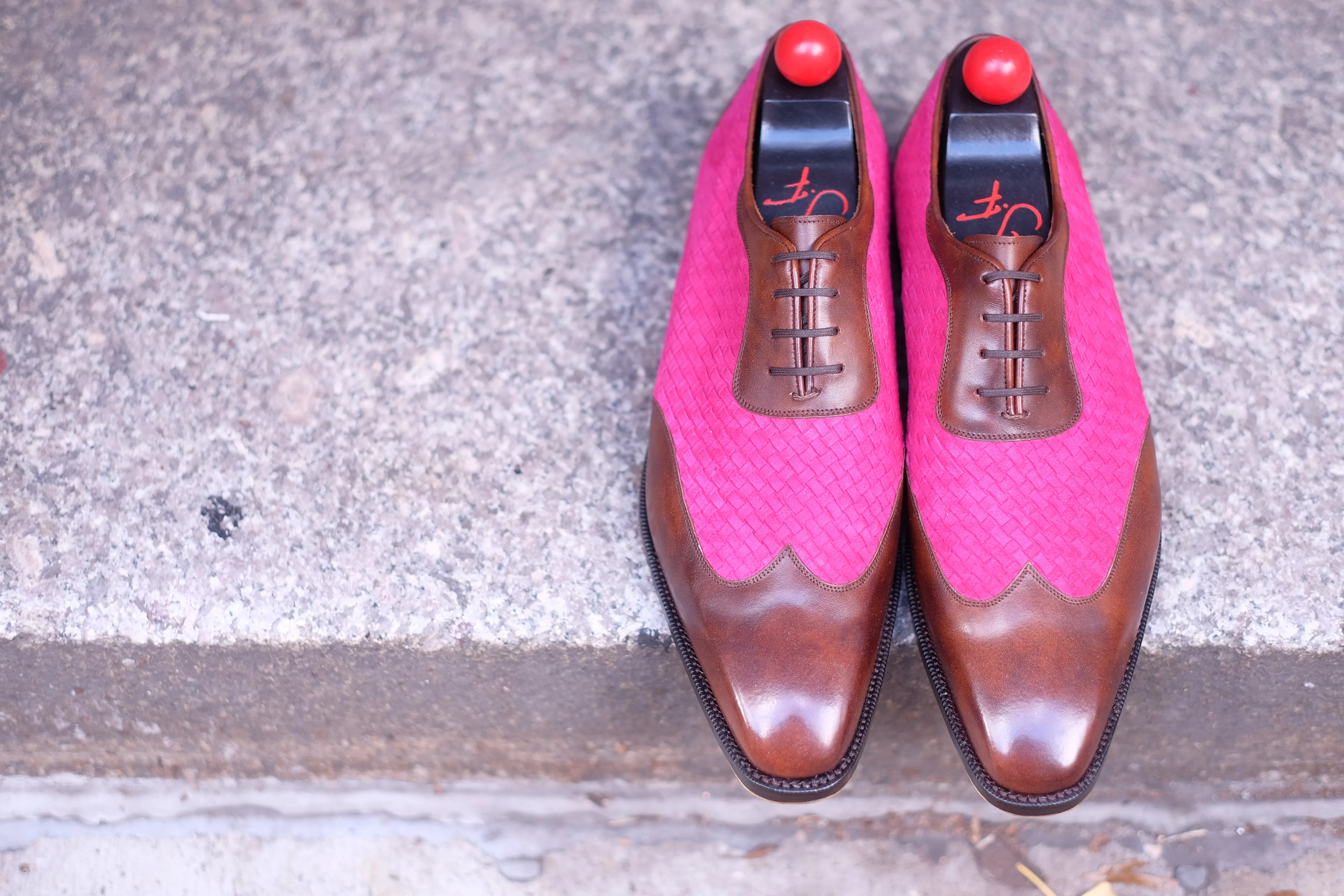 Rainier - MTO - Walnut Museum Calf / Hot Pink Braided Suede - LPB Last - Single Leather Sole