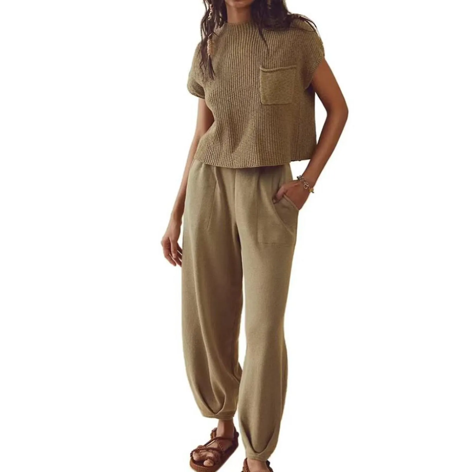 Short Sleeve Top And Wide Leg Pants Knit Set Solid Color Breathable Fabric Sets