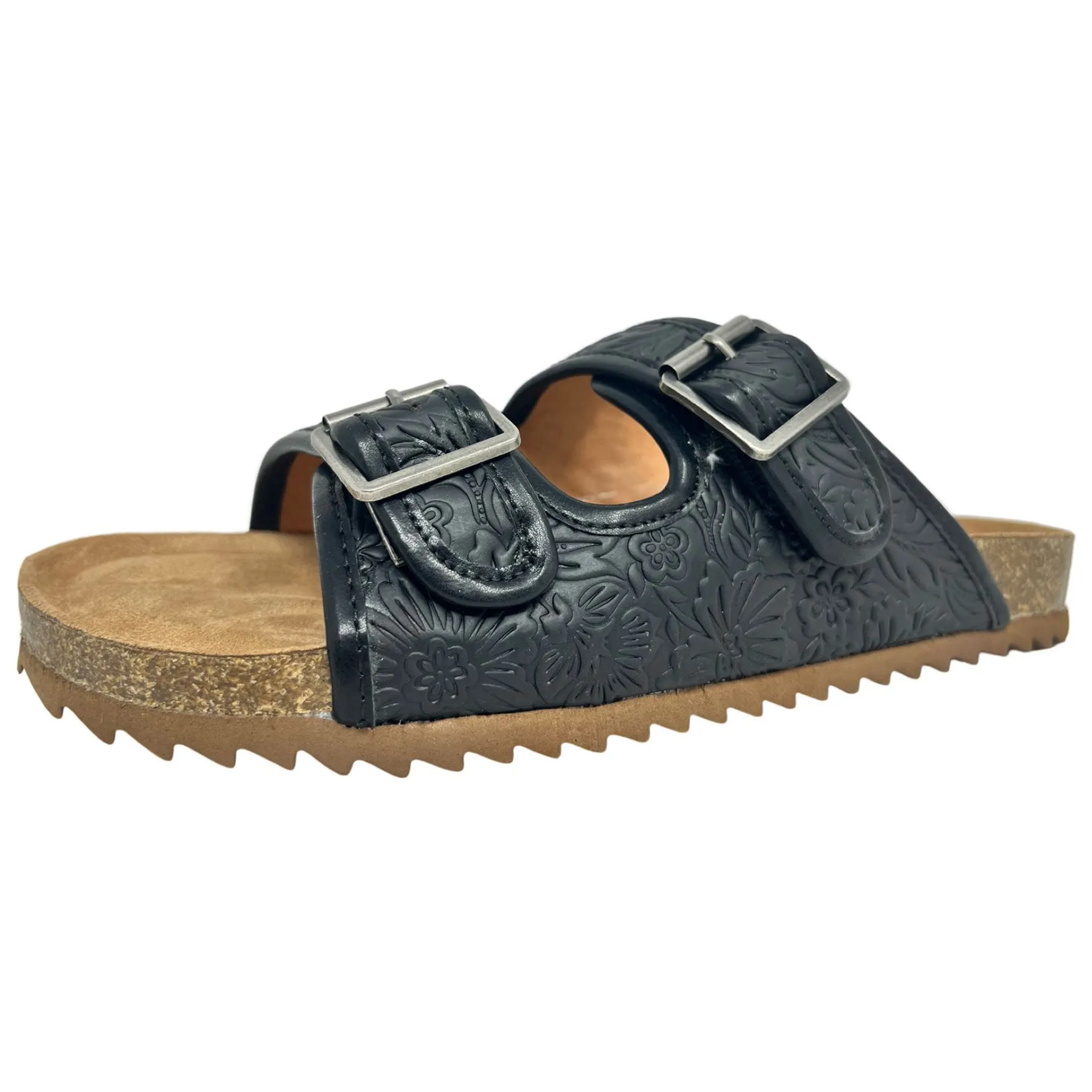 Very G Women's Black Tooled 2 Strap Sandal