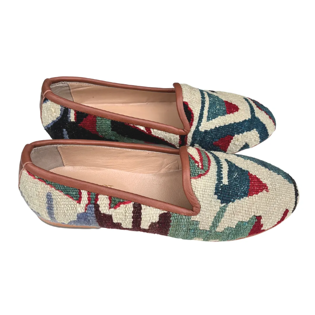 Women's Turkish Kilim Loafers | Cream with Green Pattern